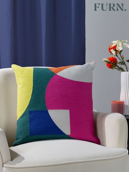 Furn Green Anjo Geometric Colour Block Crewl Embroidered 100% Cotton Cushion (D95639) | £22