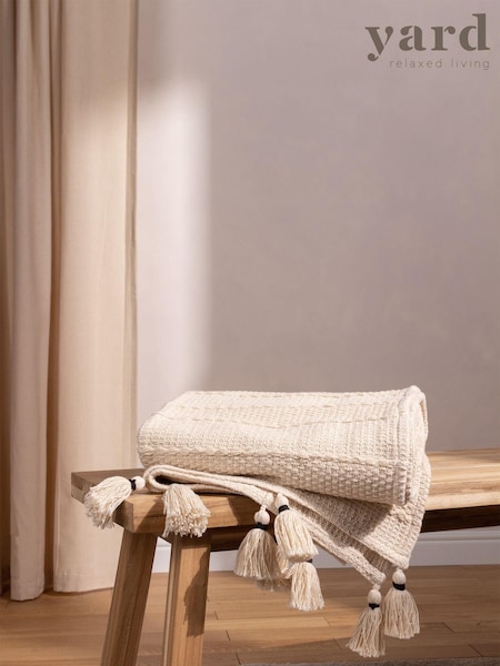 Yard Natural Beige Caliche Woven Contrast Tasselled 100% Cotton Throw (D95653) | £30