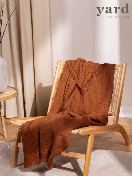 Yard Pecan Brown Waffle Raw Frayed Fringed Throw (D95656) | £32