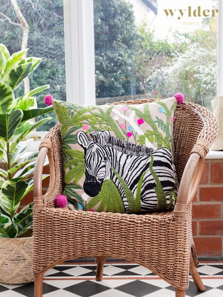 Wylder Green Zedra Jungle Zebra Botanical Embroidered 100% Cotton Cushion (D95662) | £38