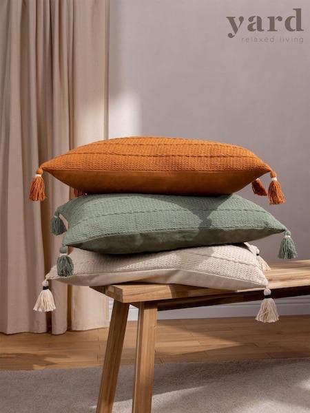 Yard Eucalyptus Green Caliche 100% Cotton Knit Tasselled Cushion (D95675) | £19