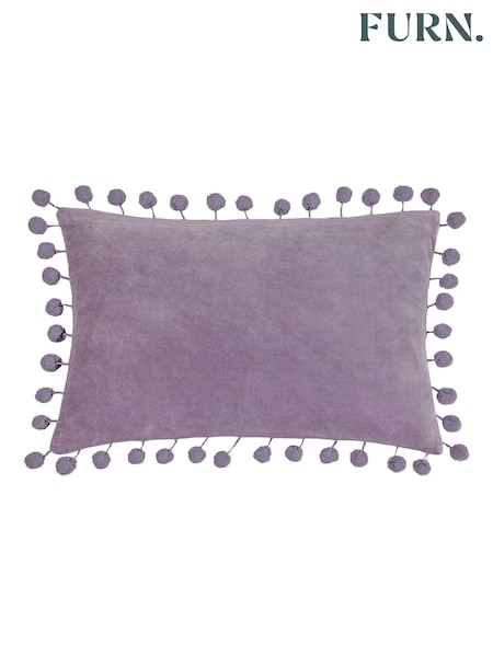 Furn Lilac Purple Dora Rectangular 100% Cotton Velvet Pom Pom Cushion (D95730) | £18