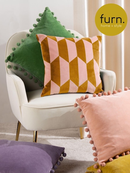 furn. Pink/Ochre Kalho Geometric Cotton Velvet Cushion (D95733) | £17
