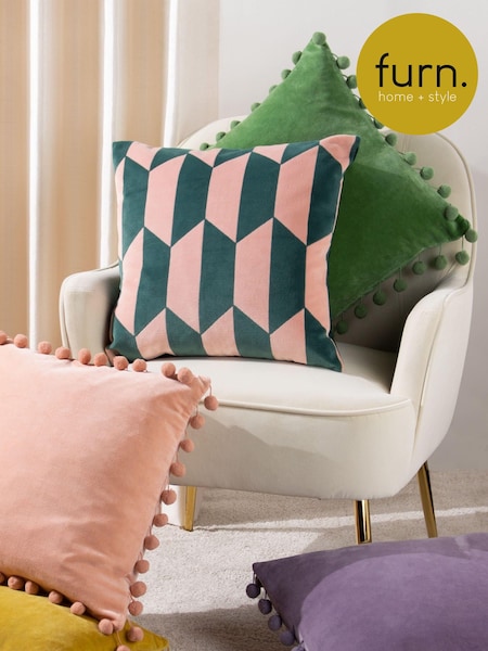 furn. Pink/Green Kalho Geometric Cotton Velvet Cushion (D95734) | £17
