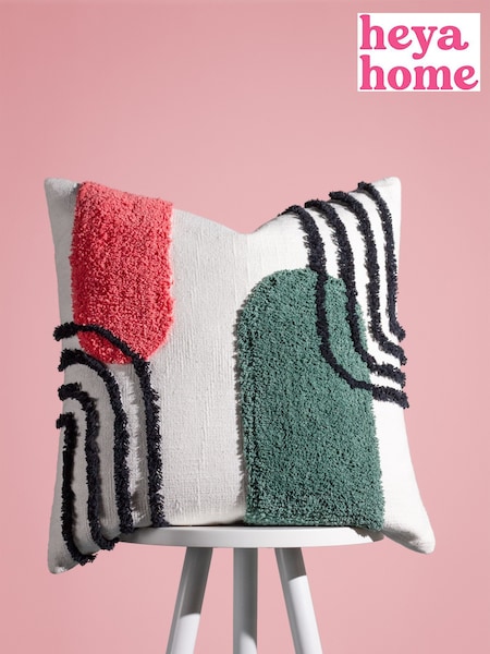 heya home Pink/Jade Green Elmer Art Deco Cotton Tufted 100% Cotton Cushion (D95737) | £17