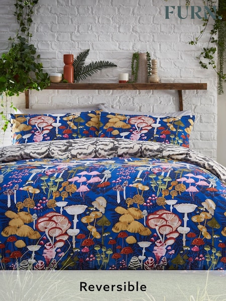 furn. Blue Amanita Abstract Mushroom Reversible Duvet Cover and Pillowcase Set (D95752) | £16 - £32