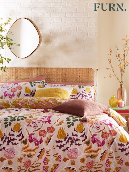 furn. Pink Protea Mediterranean Floral Reversible Duvet Cover and Pillowcase Set (D95771) | £16 - £32