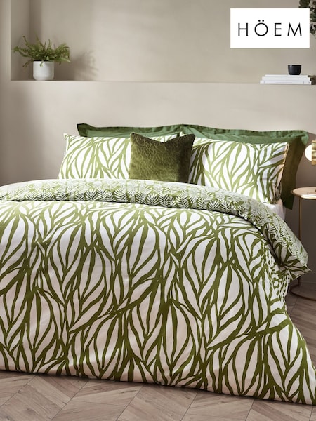 HÖEM Olive Green Olive Green Frond Minimalist Botanics Cotton Rich Duvet Cover and Pillowcase Set (D95784) | £19 - £38