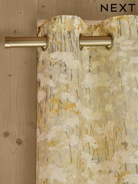 Yellow Blurred Floral Print Linen Blend Eyelet Lined Curtains (E00043) | £65 - £145