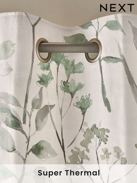 Green Isla Floral Print Super Thermal 100% Cotton Eyelet Curtains (E00048) | £55 - £130