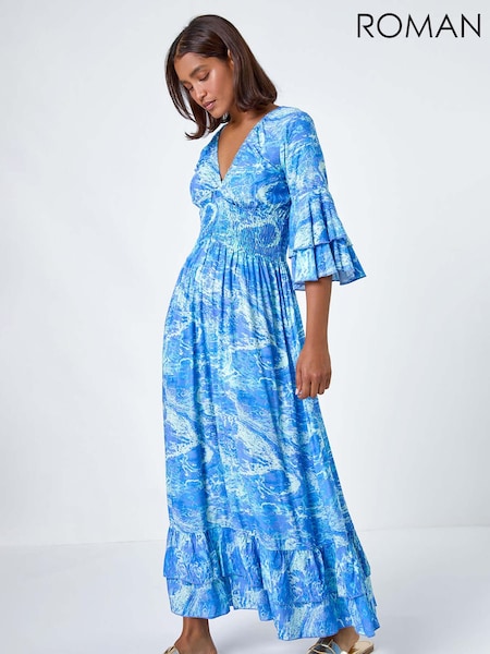 Roman Blue Abstract Ruffle Detail Shirred Maxi Dress (E00067) | £45