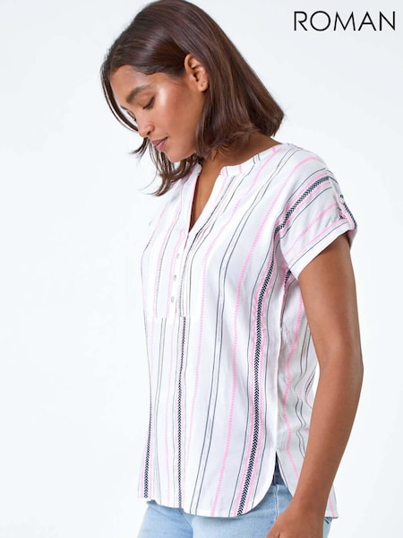 Roman Pink Stripe Print Button Detail Top (E00077) | £32