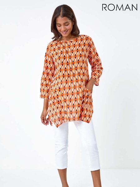 Roman Orange Geometric Pocket Detail Longline 100% Cotton Top (E00092) | £32