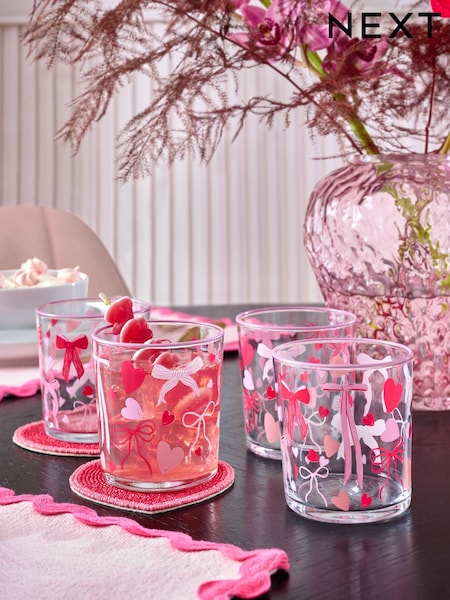 Set of 4 Pink Heart and Bow Tumbler Glasses (E00097) | £16