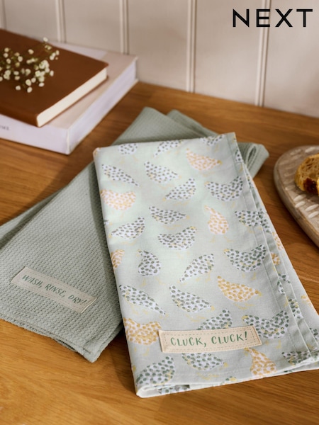 Set of 2 Sage Green 100% Cotton Chicken Tea Towels (E00099) | £12