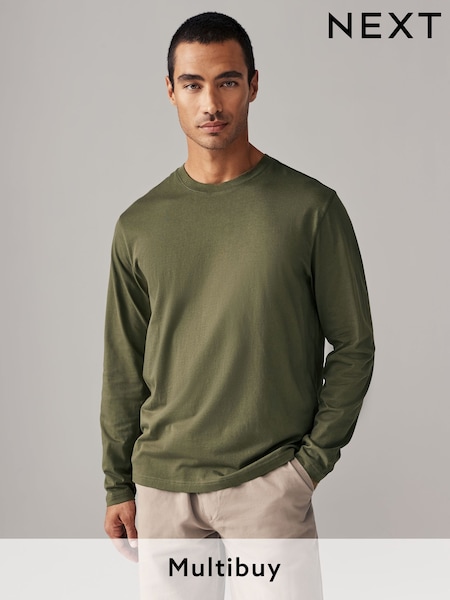 Green Khaki Regular Fit Long Sleeve Crew Neck T-Shirt (E00203) | £10