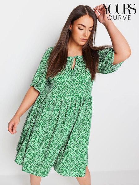 Yours Curve Green Floral Print Textured Mini Dress (E00282) | £31