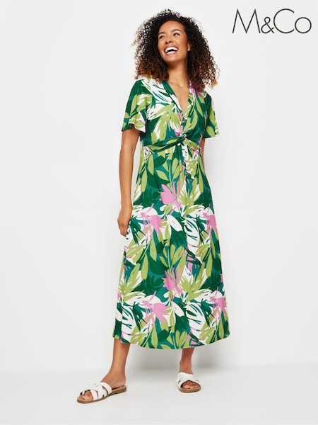 M&Co Green Tropical Print Twist Front Short Sleeve Dress (E00294) | £39
