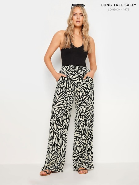 Long Tall Sally Black Floral Wide Leg Trousers (E00309) | £34