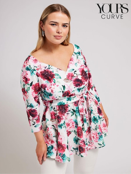 Yours Curve White Floral Long Sleeve Sweetheart Peplum Top (E00443) | £42