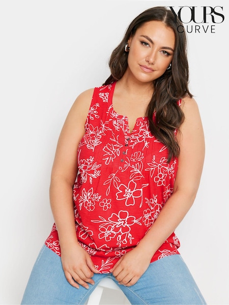 Yours Curve Red Sleeveless Pintuck Henley 100% Cotton Vest (E00446) | £20
