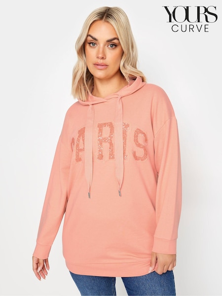 Yours Curve Pink 'Paris' Sequin Embellished Hoodie (E00459) | £31