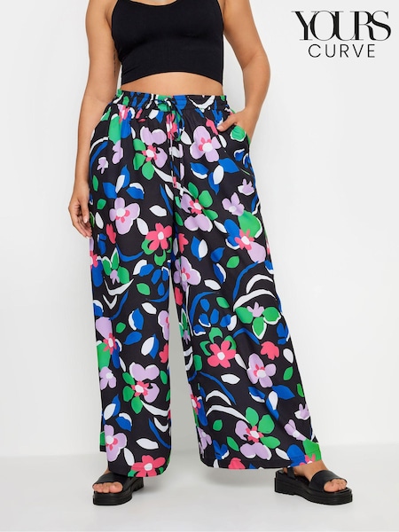 Yours Curve Black Dark LIMITED COLLECTION  Abstract Print Drawstring Wide Leg Trousers (E00632) | £27