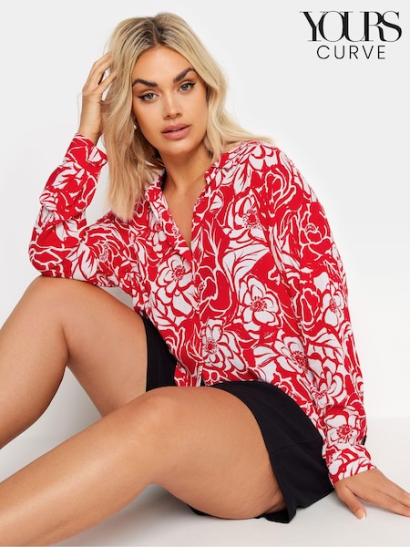 Yours Curve Red Floral Print Crinkle Beach Shirt (E00638) | £28