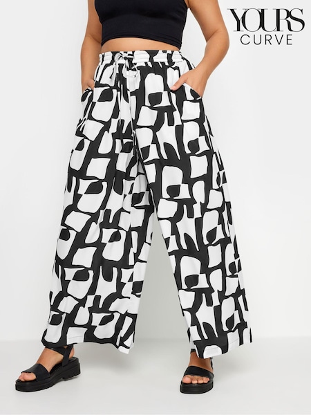 Yours Curve Black LIMITED COLLECTION  Abstract Print Drawstring Wide Leg Trousers (E00643) | £27