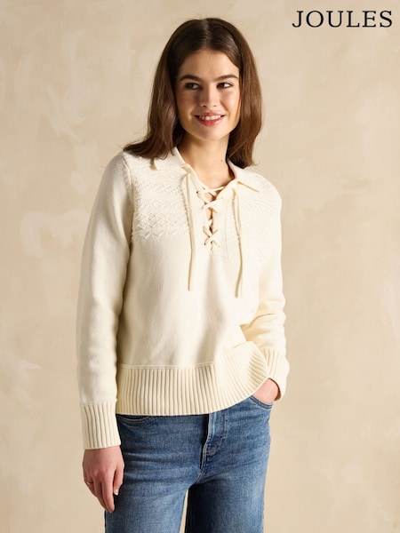 Joules Annie Cream Lace Up Collared Cotton Jumper (E00886) | £66