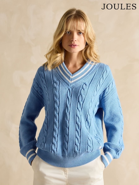 Joules Dibbly Blue Cotton Cable Knit Cricket Jumper (E00902) | £65