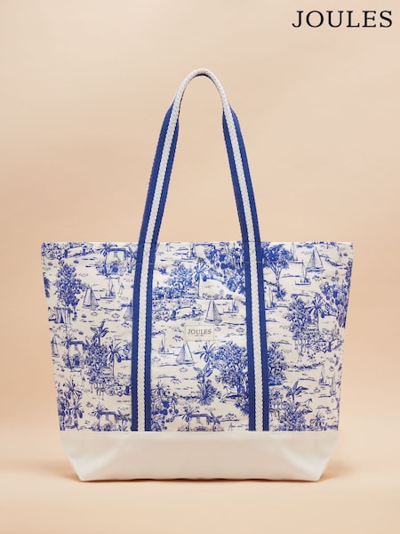 Joules Promenade Blue & White Toile de Jouy Canvas Beach Bag (E01143) | £26