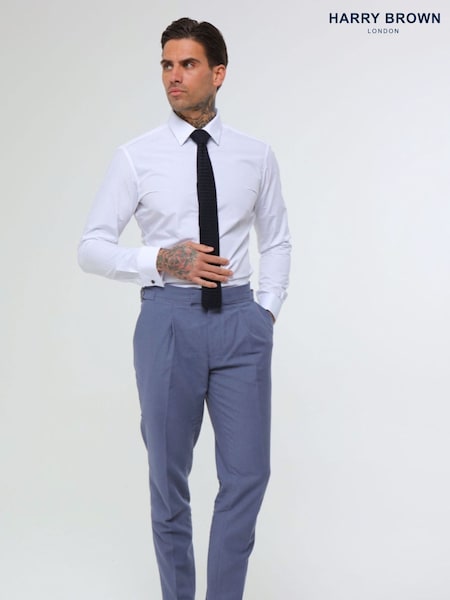 Harry Brown Blue Decorate Cotton Linen Blend Regular Fit Trousers (E01363) | £75