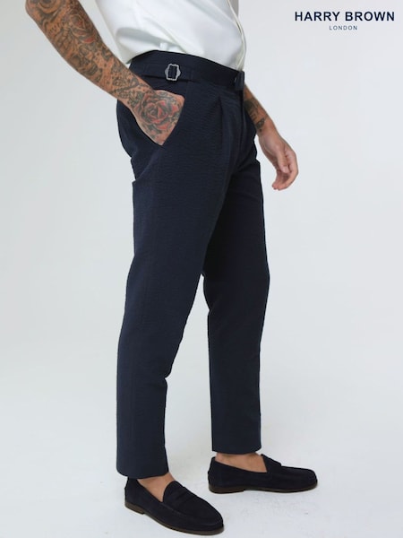 Harry Brown Blue Deakin Cotton Linen Seersucker Tailored Fit Trousers (E01364) | £75
