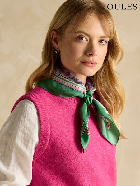 Joules Elsie Green & Pink Printed 100% Silk Scarf (E01393) | £25