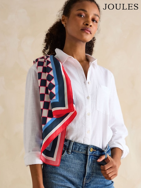 Joules Elsie Navy/Red 100% Silk Scarf (E01394) | £25