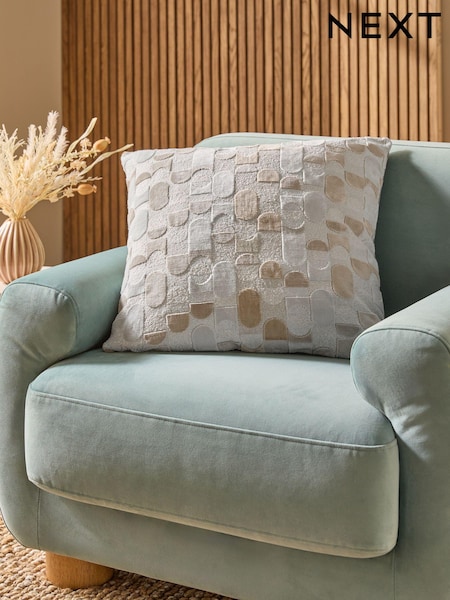 Light Natural 59 x 59cm Geometric Curve Cut Velvet Cushion (E01429) | £36