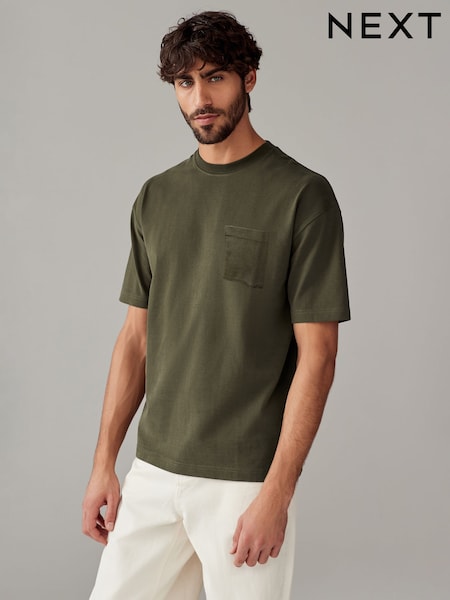 Khaki Green Relaxed Fit Supersoft Heavyweight Pocket 100% Cotton T-Shirt (E01526) | £16