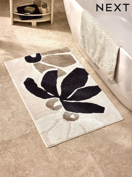 Black/White 100% Cotton Floral XL Bath Mat (E01584) | £20