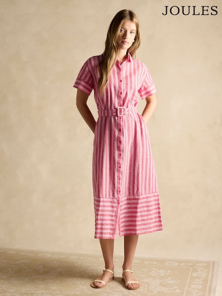 Joules Carrie Red/Pink Stripe Linen & Cotton Shirt Dress (E01601) | £79