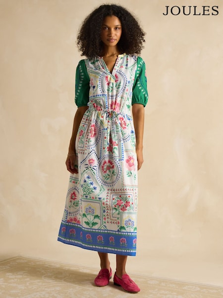 Joules Florence Cream Tile Print Cotton Midi Dress (E01603) | £89