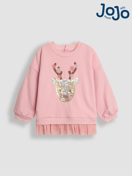 JoJo Maman Bébé Pink Reindeer Sequin Tulle Frill Sweatshirt (E01696) | £17