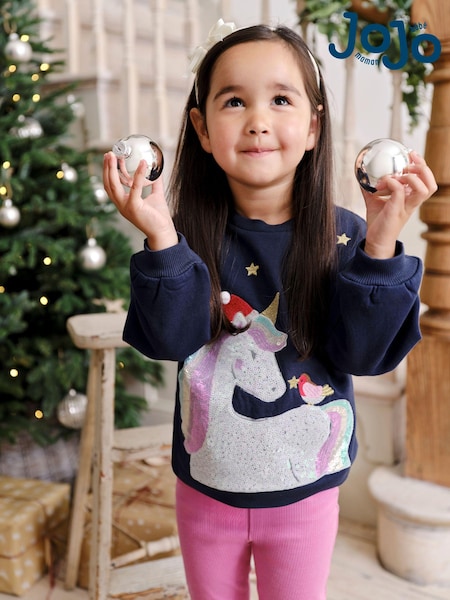 JoJo Maman Bébé Navy Unicorn Sequin Sweatshirt (E01700) | £15