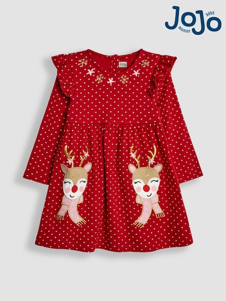 JoJo Maman Bébé Red Reindeer Appliqué Frill Dress (E01703) | £16