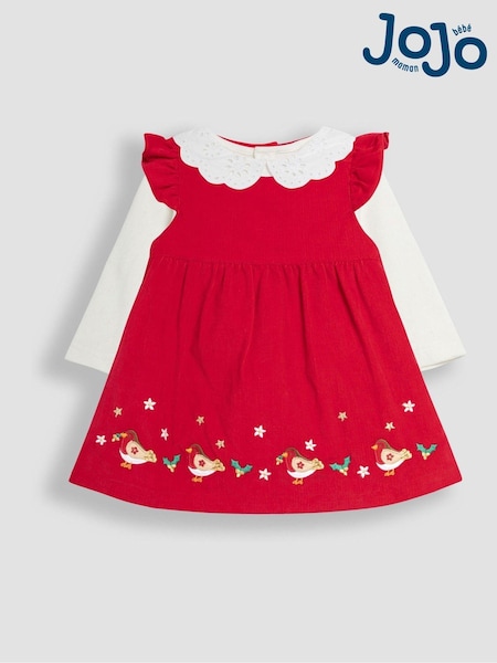 JoJo Maman Bébé Red Baby Robin Embroidered Cord  Dress and Body Set (E01706) | £34