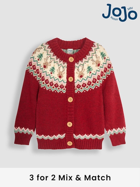 JoJo Maman Bébé Red Reindeer Christmas Reindeer Cardigan (E01713) | £15