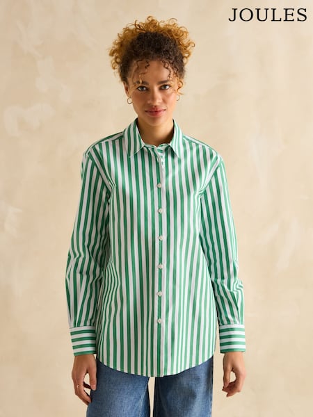 Joules Amilla Green & White Stripe Longline Relaxed Fit Shirt (E01781) | £55