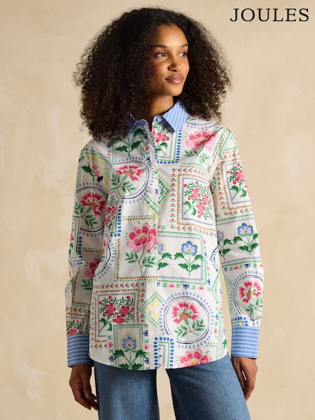 Joules Amilla Cream Tile Print Longline Relaxed Fit Shirt (E01785) | £65