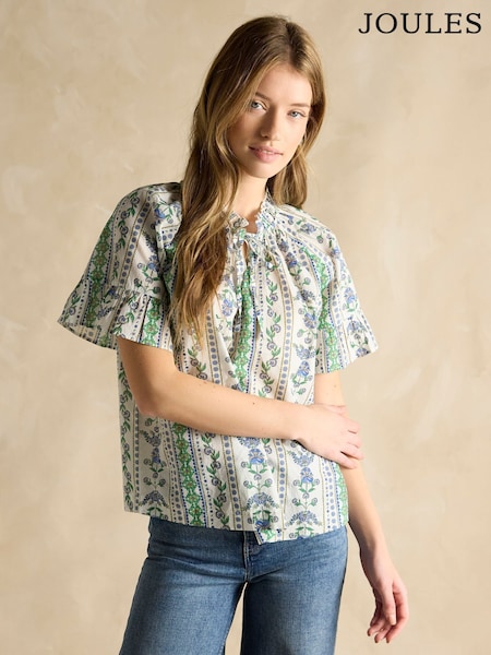 Joules Melissa Blue/Green Short Sleeve Cotton Blouse (E01802) | £45