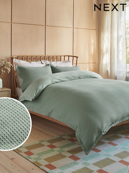 Sage Green Waffle Duvet Cover and Pillowcase Set (E02106) | £35 - £65